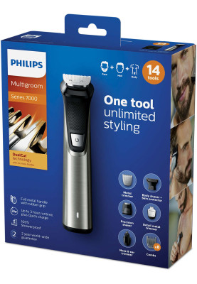 Тример для бороди Philips Multigroom series 7000 (MG7745/15), насадок в комплекті 14 шт, леза, що самозаточуються, довжина стрижки 3-7 мм, вологе очищення