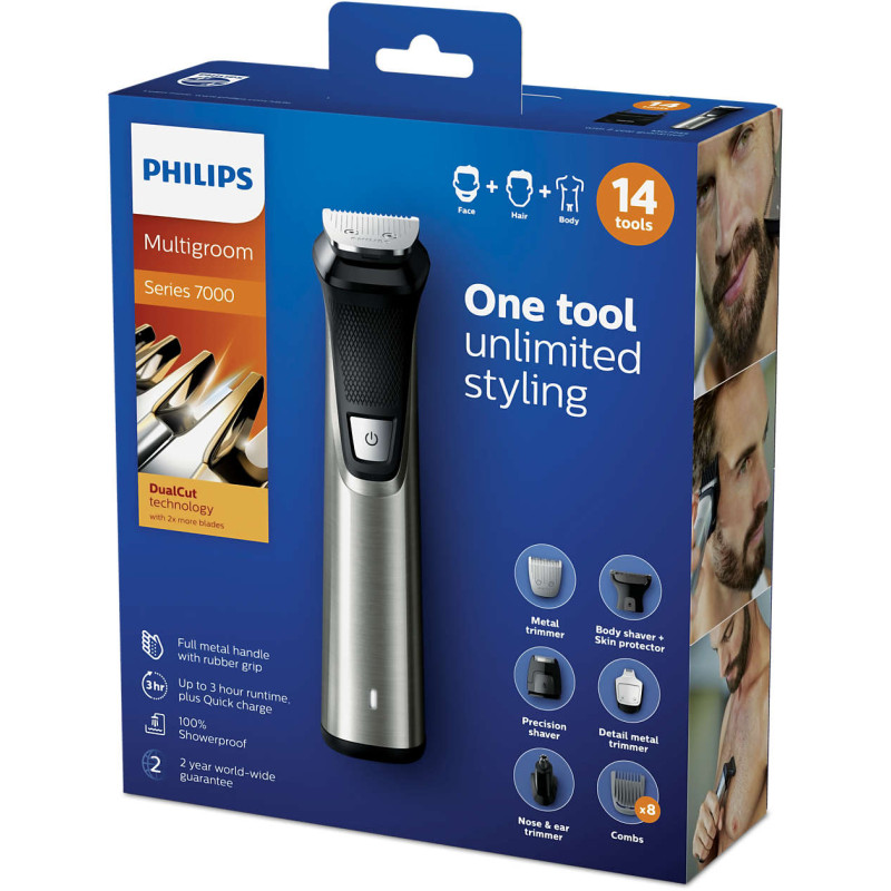 Тример для бороди Philips Multigroom series 7000 (MG7745/15), насадок в комплекті 14 шт, леза, що самозаточуються, довжина стрижки 3-7 мм, вологе очищення