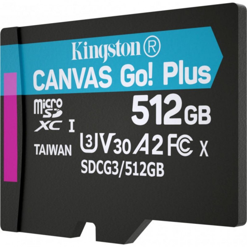 Карта пам'яті microSDXC, 512Gb, Kingston Canvas Go! Plus, Class 10 UHS-I U3 V30 A2, без адаптера, до 170 / 90 MB/s (SDCG3/512GBSP)