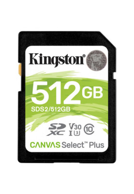 Карта пам'яті SDXC, 512Gb, Kingston Canvas Select Plus, Сlass10 UHS-I U3 V30, 100 / 85 Мб/с (SDS2/512GB)
