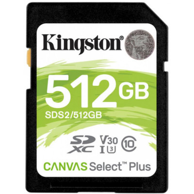 Карта пам'яті SDXC, 512Gb, Kingston Canvas Select Plus, Сlass10 UHS-I U3 V30, 100 / 85 Мб/с (SDS2/512GB)