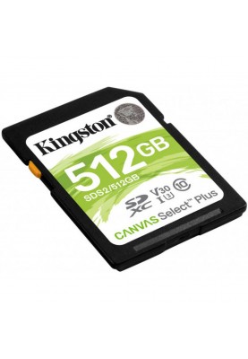 Карта пам'яті SDXC, 512Gb, Kingston Canvas Select Plus, Сlass10 UHS-I U3 V30, 100 / 85 Мб/с (SDS2/512GB)