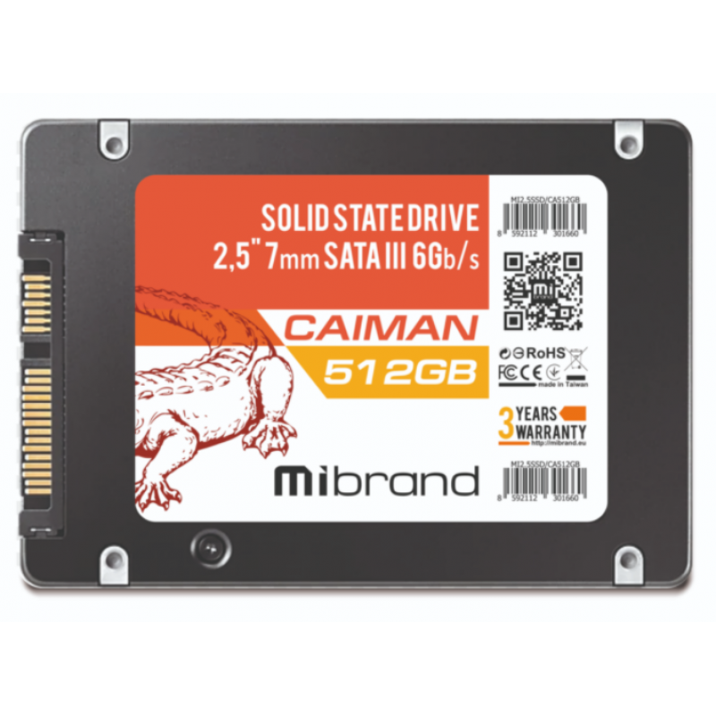 Твердотільний накопичувач 512Gb, Mibrand Caiman, SATA3, 2.5", 3D TLC, 550/460 MB/s, Bulk (MI2.5SSD/CA512GB)