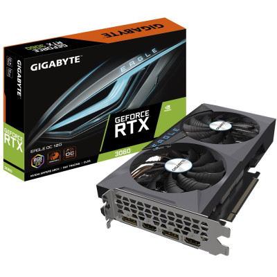Відеокарта GeForce RTX 3060, Gigabyte, EAGLE Rev. 2.0 (Limited Hash Rate), 12Gb GDDR6, 192-bit, 2xHDMI/2xDP, 1777/15000 MHz, 8-pin (GV-N3060EAGLE-12GD)