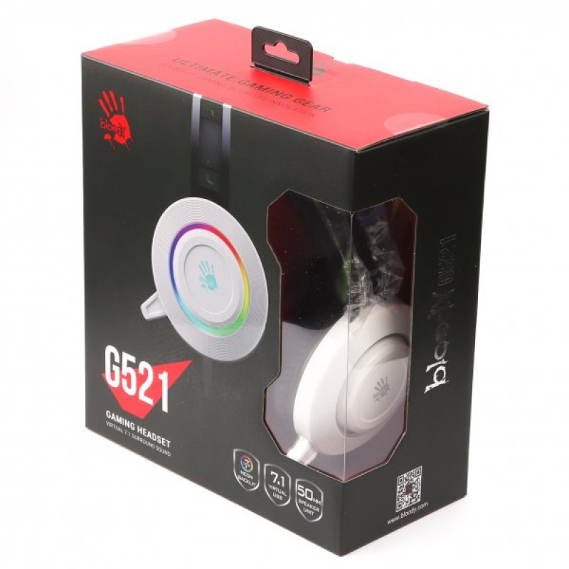 Навушники Bloody G521, White, USB, мікрофон з функцією шумоподавлення, віртуальний звук 7.1, динаміки 50 мм, кругове LED підсвічування, 105 дБ, 16 Ом, 2.3 м