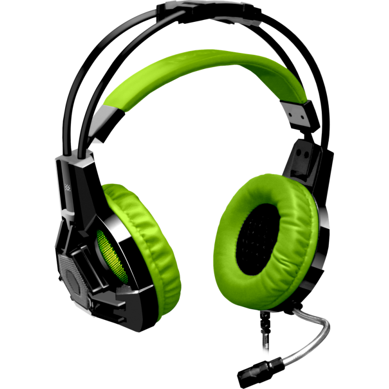 Навушники Defender Lester, Black/Green, 2 x Mini jack (3.5 мм) + USB, мікрофон, динаміки 50 мм, світлодіодна підсвітка, 100 дБ, 32 Ом, 2.2 м (64543)