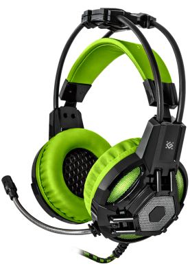 Навушники Defender Lester, Black/Green, 2 x Mini jack (3.5 мм) + USB, мікрофон, динаміки 50 мм, світлодіодна підсвітка, 100 дБ, 32 Ом, 2.2 м (64543)