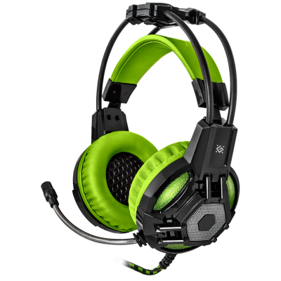 Навушники Defender Lester, Black/Green, 2 x Mini jack (3.5 мм) + USB, мікрофон, динаміки 50 мм, світлодіодна підсвітка, 100 дБ, 32 Ом, 2.2 м (64543)