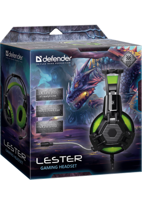 Навушники Defender Lester, Black/Green, 2 x Mini jack (3.5 мм) + USB, мікрофон, динаміки 50 мм, світлодіодна підсвітка, 100 дБ, 32 Ом, 2.2 м (64543)