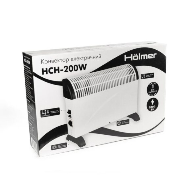 Конвектор електричний Holmer HCH-200W, White, 2000W, підлоговий, 25м2, механічне керування, захист IP20, з вентилятором, захист від перегріву, терморегулятор