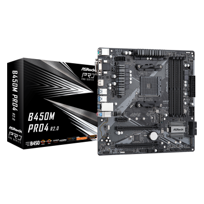 Мат.плата AM4 (B450) AsRock B450M Pro4 R2.0, B450, 4xDDR4, CrossFire, Int.Video(CPU), 4xSATA3, 1xM.2, 1xPCI-E 16x 3.0, 1xPCI-E 16x 2.0, 1xPCI-E 1x 2.0, ALC892, RTL8111H, 8xUSB3.2/4xUSB2.0, VGA/DVI-D/HDMI, MicroATX