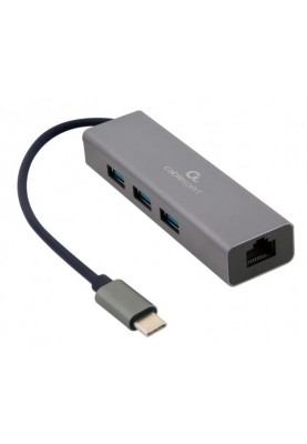 Мережевий адаптер USB Cablexpert A-CMU3-LAN-01, с USB-С на Gigabit Ethernet, 3 Ports USB 3.1 Gen1 (5 Gbps), 1000 Mbps, метал, сірий