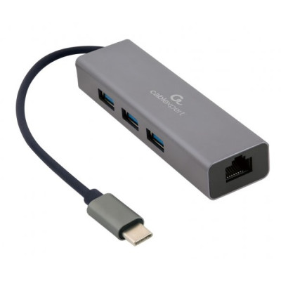 Мережевий адаптер USB Cablexpert A-CMU3-LAN-01, с USB-С на Gigabit Ethernet, 3 Ports USB 3.1 Gen1 (5 Gbps), 1000 Mbps, метал, сірий