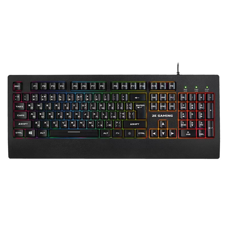 Клавіатура 2E KG330 GAMING, Black, USB, мембранна, LED підсвічування, незнімна підставка під зап'ястя, водонепроникна конструкція, 1.5 м (2E-KG330UBK)