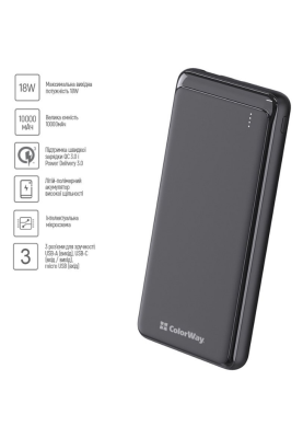 Універсальна мобільна батарея 10000 mAh, ColorWay, Black, Quick Charge 3.0, 2xUSB, 1xUSB (Type-C), LED индикатор, кабель USB <-> Type C, Slim (CW-PB100LPG3BK-PD)