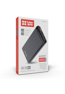 Універсальна мобільна батарея 10000 mAh, ColorWay, Black, Quick Charge 3.0, 2xUSB, 1xUSB (Type-C), LED индикатор, кабель USB <-> Type C, Slim (CW-PB100LPG3BK-PD)