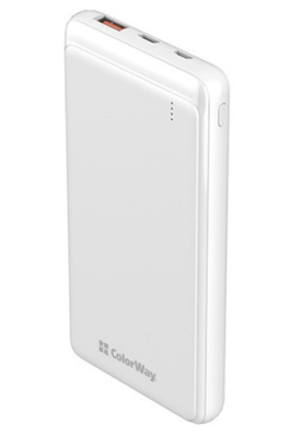 Універсальна мобільна батарея 10000 mAh, ColorWay, White, Quick Charge 3.0, 2xUSB, 1xUSB (Type-C), LED индикатор, кабель USB <-> Type C, Slim (CW-PB100LPG3WT-PD)