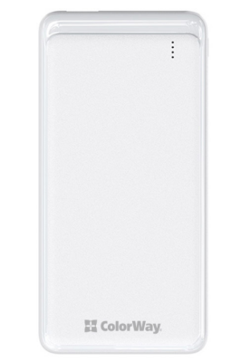 Універсальна мобільна батарея 10000 mAh, ColorWay, White, Quick Charge 3.0, 2xUSB, 1xUSB (Type-C), LED индикатор, кабель USB <-> Type C, Slim (CW-PB100LPG3WT-PD)