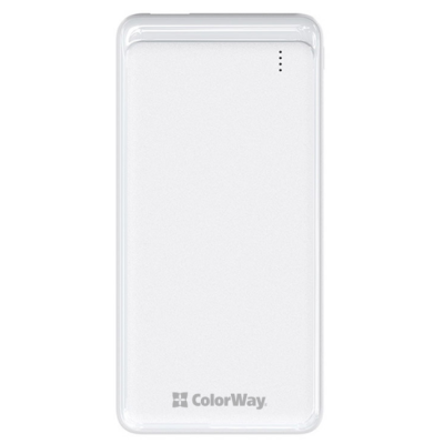 Універсальна мобільна батарея 10000 mAh, ColorWay, White, Quick Charge 3.0, 2xUSB, 1xUSB (Type-C), LED индикатор, кабель USB <-> Type C, Slim (CW-PB100LPG3WT-PD)