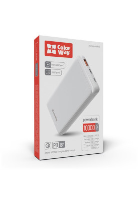 Універсальна мобільна батарея 10000 mAh, ColorWay, White, Quick Charge 3.0, 2xUSB, 1xUSB (Type-C), LED индикатор, кабель USB <-> Type C, Slim (CW-PB100LPG3WT-PD)