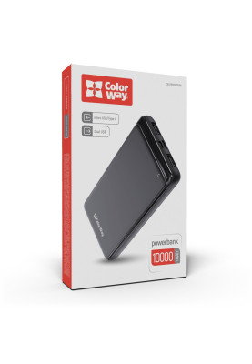 Універсальна мобільна батарея 10000 mAh, ColorWay, Black, 2xUSB, 2xUSB (Type-C+MicroUSB), LED-індикатор, кабель USB <-> Type-C, Slim (CW-PB100LPF2BK)