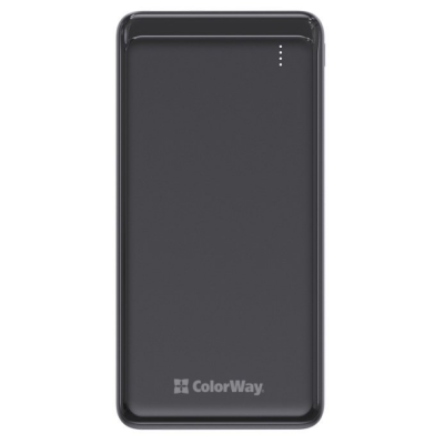 Універсальна мобільна батарея 10000 mAh, ColorWay, Black, 2xUSB, 2xUSB (Type-C+MicroUSB), LED-індикатор, кабель USB <-> Type-C, Slim (CW-PB100LPF2BK)