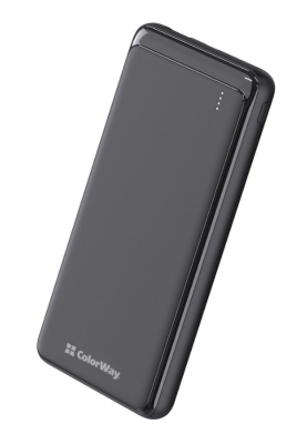 Універсальна мобільна батарея 10000 mAh, ColorWay, Black, 2xUSB, 2xUSB (Type-C+MicroUSB), LED-індикатор, кабель USB <-> Type-C, Slim (CW-PB100LPF2BK)