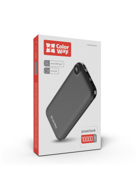 Універсальна мобільна батарея 10000 mAh, ColorWay, Black, 2xUSB, 1xUSB (Type-C), LED індикатор, кабель USB <-> Type C, Slim (CW-PB100LPH2BK-D)