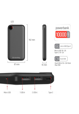 Універсальна мобільна батарея 10000 mAh, ColorWay, Black, 2xUSB, 1xUSB (Type-C), LED індикатор, кабель USB <-> Type C, Slim (CW-PB100LPH2BK-D)