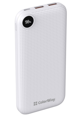 Універсальна мобільна батарея 10000 mAh, ColorWay, White, 2xUSB, 1xUSB (Type-C), LED індикатор, кабель USB <-> Type C, Slim (CW-PB100LPH2WT-D)
