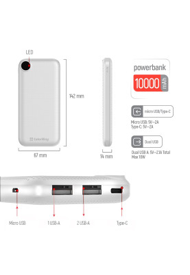 Універсальна мобільна батарея 10000 mAh, ColorWay, White, 2xUSB, 1xUSB (Type-C), LED індикатор, кабель USB <-> Type C, Slim (CW-PB100LPH2WT-D)