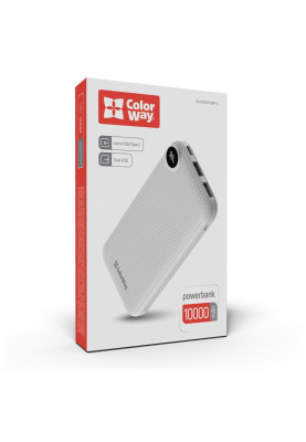 Універсальна мобільна батарея 10000 mAh, ColorWay, White, 2xUSB, 1xUSB (Type-C), LED індикатор, кабель USB <-> Type C, Slim (CW-PB100LPH2WT-D)