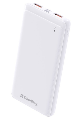 Універсальна мобільна батарея 10000 mAh, ColorWay, White, 2xUSB, 2xUSB (Type-C+microUSB), LED індикатор, USB-кабель <-> Type C, Slim (CW-PB100LPF2WT)