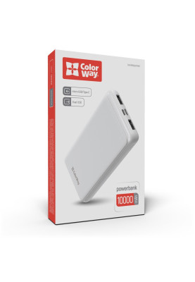 Універсальна мобільна батарея 10000 mAh, ColorWay, White, 2xUSB, 2xUSB (Type-C+microUSB), LED індикатор, USB-кабель <-> Type C, Slim (CW-PB100LPF2WT)