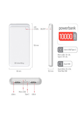 Універсальна мобільна батарея 10000 mAh, ColorWay, White, 2xUSB, 2xUSB (Type-C+microUSB), LED індикатор, USB-кабель <-> Type C, Slim (CW-PB100LPF2WT)