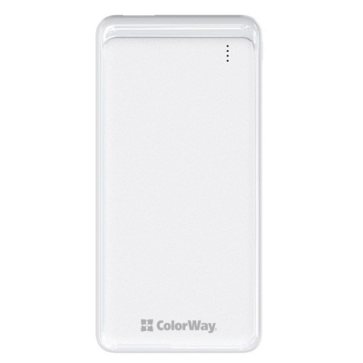 Універсальна мобільна батарея 10000 mAh, ColorWay, White, 2xUSB, 2xUSB (Type-C+microUSB), LED індикатор, USB-кабель <-> Type C, Slim (CW-PB100LPF2WT)
