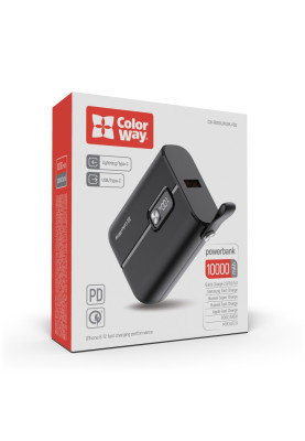 Універсальна мобільна батарея 10000 mAh, ColorWay, Black, 22.5W, Quick Charge 3.0, 2xUSB (Type-C+Lightning), LED индикатор, кабель USB <-> Type C (CW-PB100LPK2BK-PDD)