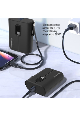 Універсальна мобільна батарея 10000 mAh, ColorWay, Black, 22.5W, Quick Charge 3.0, 2xUSB (Type-C+Lightning), LED индикатор, кабель USB <-> Type C (CW-PB100LPK2BK-PDD)