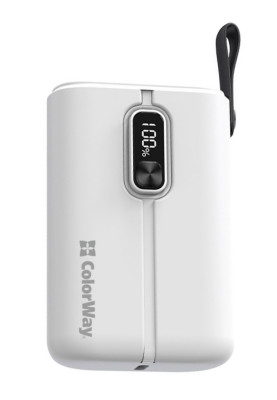 Універсальна мобільна батарея 10000 mAh, ColorWay, White, 22.5W, Quick Charge 3.0, 2xUSB (Type-C+Lightning), LED индикатор, кабель USB <-> Type C (CW-PB100LPK2WT-PDD)