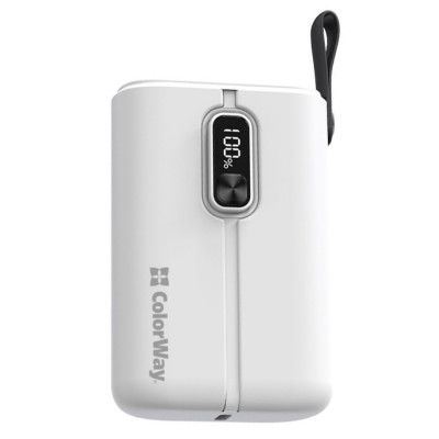 Універсальна мобільна батарея 10000 mAh, ColorWay, White, 22.5W, Quick Charge 3.0, 2xUSB (Type-C+Lightning), LED индикатор, кабель USB <-> Type C (CW-PB100LPK2WT-PDD)