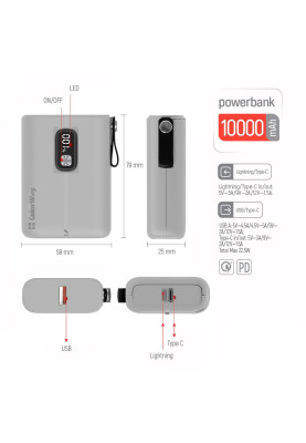 Універсальна мобільна батарея 10000 mAh, ColorWay, White, 22.5W, Quick Charge 3.0, 2xUSB (Type-C+Lightning), LED индикатор, кабель USB <-> Type C (CW-PB100LPK2WT-PDD)