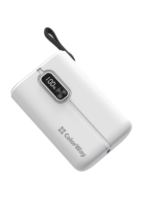 Універсальна мобільна батарея 10000 mAh, ColorWay, White, 22.5W, Quick Charge 3.0, 2xUSB (Type-C+Lightning), LED индикатор, кабель USB <-> Type C (CW-PB100LPK2WT-PDD)