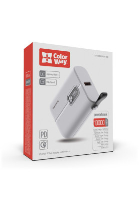 Універсальна мобільна батарея 10000 mAh, ColorWay, White, 22.5W, Quick Charge 3.0, 2xUSB (Type-C+Lightning), LED индикатор, кабель USB <-> Type C (CW-PB100LPK2WT-PDD)