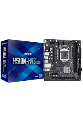 Мат.плата 1200 (H510) ASRock H510M-HVS R2.0, H510, 2xDDR4, Int.Video(CPU), 4xSATA3, 1xPCI-E 16x 4.0, 1xPCI-E 1x 3.0, ALC897, RTL8111H, 4xUSB3.2/6xUSB2.0, VGA/HDMI, MicroATX
