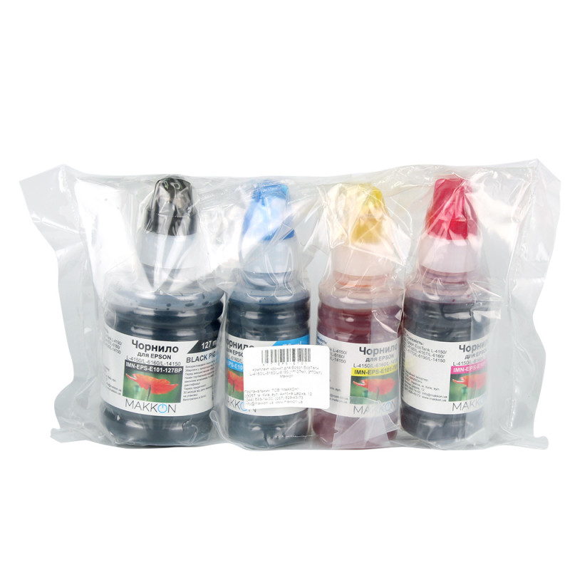 Комплект чорнил Epson, Black / Cyan / Magenta / Yellow, для моделей L4150/L4160/L4167/L6160/L6170/L6190/L14150, 1x127 мл + 3x70 мл, Makkon (KIT-EPS-E101)