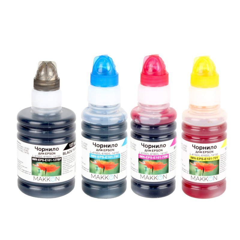 Комплект чорнил Epson, Black / Cyan / Magenta / Yellow, для моделей L4150/L4160/L4167/L6160/L6170/L6190/L14150, 1x127 мл + 3x70 мл, Makkon (KIT-EPS-E101)