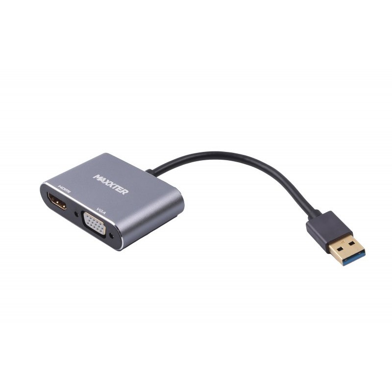 Адаптер USB 3.0 (M) - HDMI/VGA, Maxxter, Black, 15 см (V-AM-HDMI-VGA)