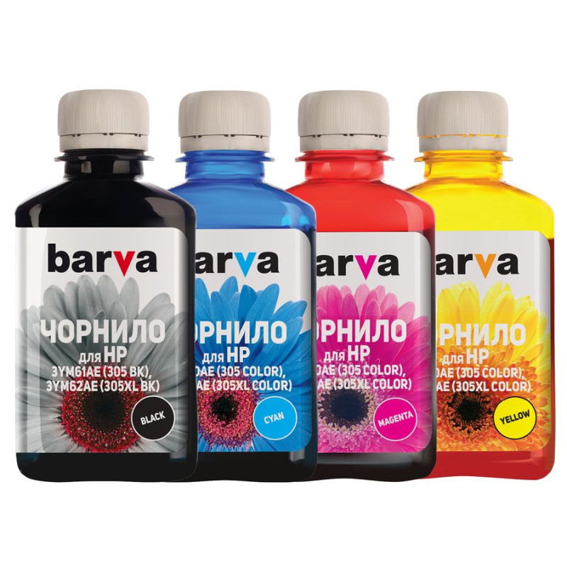 Комплект чорнил Barva HP №305, DeskJet 2320/2710/2720/2721/2723, DeskJet Plus 4120/4122/4130, Black / Cyan / Magenta / Yellow, 4x180 мл, пігментні/водорозчинні (H305-180-MP)