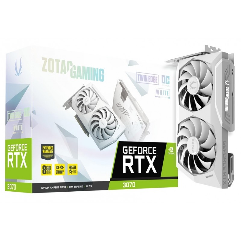 Відеокарта GeForce RTX 3070, Zotac, Twin Edge OC White Edition (Limited Hash Rate), 8Gb GDDR6, 256-bit, HDMI/3xDP, 1755/14000 MHz, 2x8-pin (ZT-A30700J-10PLHR)