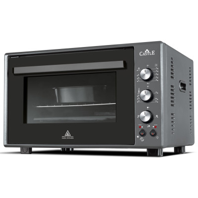 Електродуховка Castle CPE-60H Black, 1800W, 60 л, конвекція, подвійне термостійке скло, підсвітка, схований нижній нагрівальний елемент, таймер, термостат, сховані регулятори, 2 емальовані протвеня та 1 решітка
